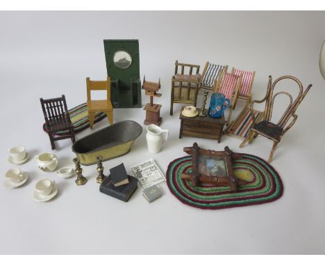 A bentwood style Doll's Chair, metal bath, brass candlesticks, etc, for a larger scale dolls house.