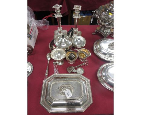 Plated Items: pair of pillar Candlesticks on shaped square bases, Entree Dish and Cover, Tea Service, Salad Servers, Serving 
