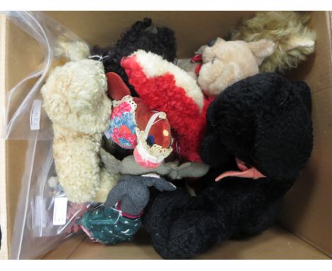 A small Steiff Cat, pom pom rabbit, Micci miniature, other small animals, large black poodle and other soft toys. Quantity. 1