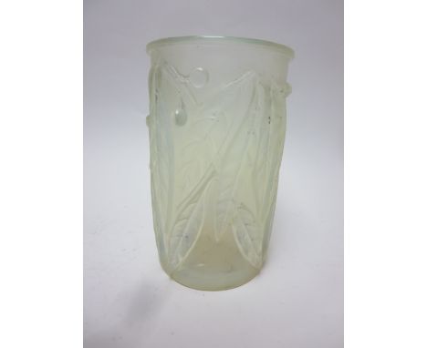 A Lalique opalescent glass Vase of cylindrical form moulded mistletoe, 7in, Etched R LALIQUE, FRANCE, hair crack to base