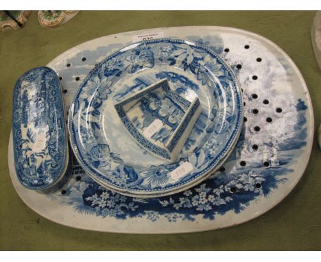 A 19th Century blue and white pottery Strainer printed figures in a landscape, 15in, a pair of "Metropolitan Scenery, Bow Bri