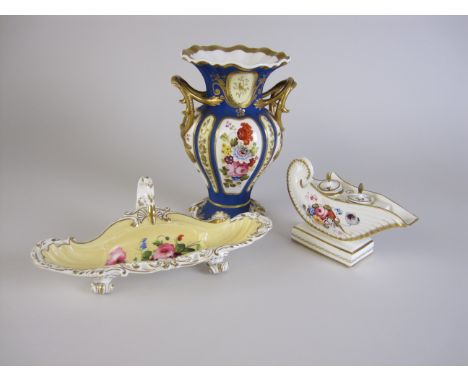 An H & R Daniel baluster two handled Vase with floral and gilt decorated panels on white and cream with blue ground, 8 1/2in 