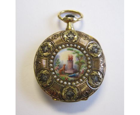 A Lady's 19th Century French Fob Watch the engraved dial with arabic numerals in 18ct gold case, the reverse with enamel memo