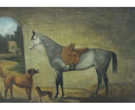 F.E.E. Portrait of a Hunter and Dogs by an archway, a country house beyond, signed with initials, oil on canvas laid down on 