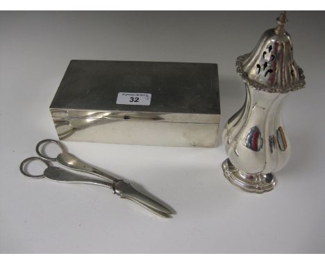 A silver Sugar Sifter, Birmingham 1965, Cigarette Box, 1965 and a pair of Grape Scissors, Sheffield 1966