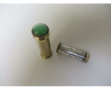 A Continental silver Perfume Atomiser stamped 900 J.M. and a French Atomiser signed L Kid Bte. SGDG, with green stone.