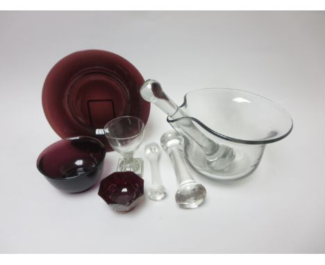 A large glass Mortar with single lip, three Pestles, a Wine Glass with lemon squeezer base, an amethyst glass Bowl, Plate, sm