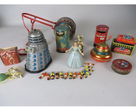 A Daleg Tomy, Hong Kong, plastic dancing lady, pull along bell toy, musical toy, Chad Valley Airways money box, English made 