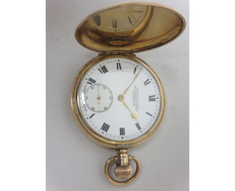 A George V 9ct gold cased Hunter Pocket Watch with white enamel dial and subsidiary seconds dial, lever escapement, presentat