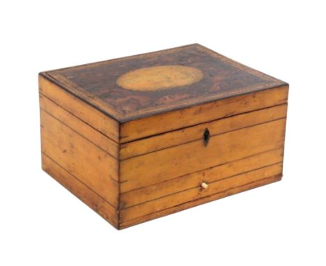 A Georgian whitewood sewing box of rectangular form, the lid originally with oval print within a burr yew wood surround and d