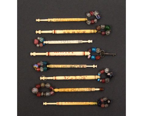 Eight spot inscribed bone lace bobbins comprising/ It's Hard To Be Slighted/Love Me Or Let Me Alone/Torment Me Not/I Will For
