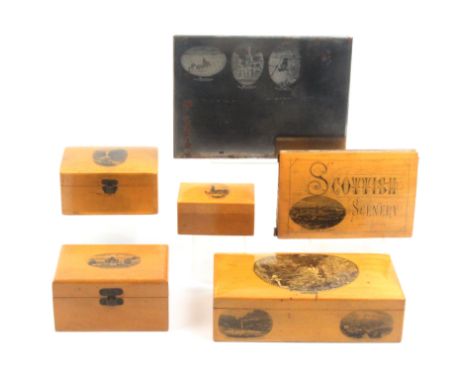 Mauchline ware - six pieces comprising a rectangular card box with two card markers and a set of De La Rue and Co playing car