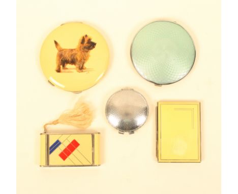 Five vintage compacts comprising a chromed circular example fitted with a self-striking lighter 'Parker Compact', 6cm, a circ