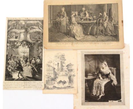 Prints comprising an engraving after J.E. Nilsson (1721-1788) depicting and 18th Century dance scene and others, 16.5 x 30cm,