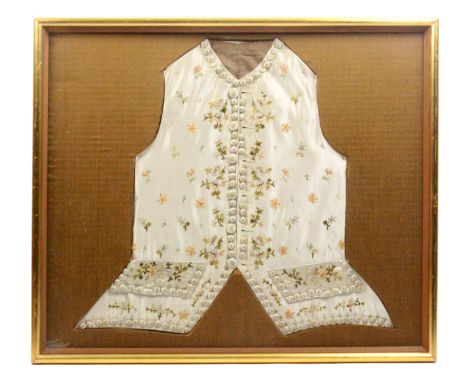 An 18th Century ivory silk and floral embroidered waistcoat for a young gentleman, silk embroidered flowers and applied flowe