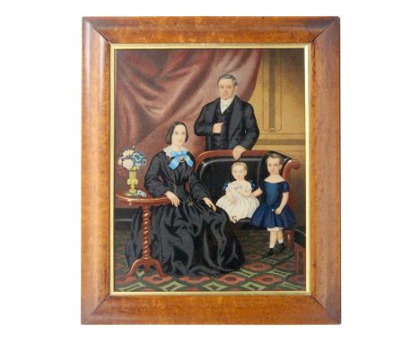 A 19th Century na•ve family portrait in watercolours, inscribed verso in pen 'D Brock of Spurgeon' the father standing agains