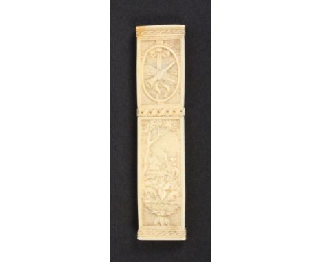 A fine 19th Century carved ivory needle case of rectangular section one side carved with a young woman seated in open landsca