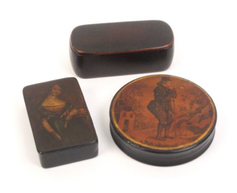 Three continental papier mache snuff boxes comprising a circular example decorated with a print of a male traveller resting o