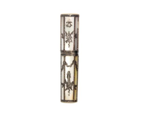 A French silver inlaid bodkin or billet doux case of canted oval section inlaid with heart and arrow, quiver, leaves and garl