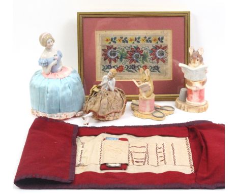 A mixed lot comprising a Beatrix Potter Border Fine Arts figure - Tailor of Gloucester, 12cm, another, two ceramic half dolls