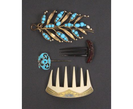 Four hair ornaments comprising a large gilt metal leaf form example set with turquoise coloured beads and pearls, 17cm, a thr