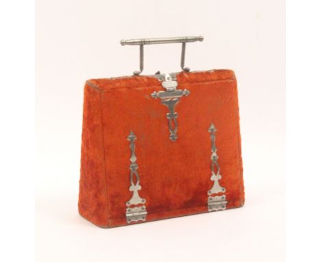 A late Victorian sewing companion in red plush with white metal fittings and of bag form, triangular section, the blue velvet