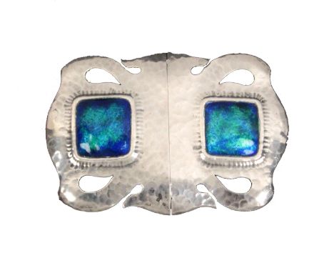 A silver and enamel two part buckle for Liberty and Co., each part pierced and planished with a central square enamel plaque,