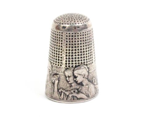 A French pictorial border French thimble, sewing girls for Duval by Frederic de Vernon