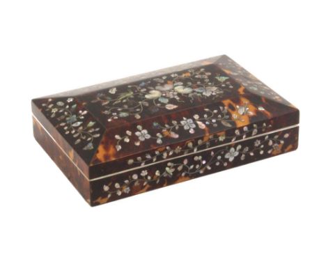 A pretty tortoiseshell and floral inlaid small format sewing box with fittings, circa 1840, of rectangular form with canted l