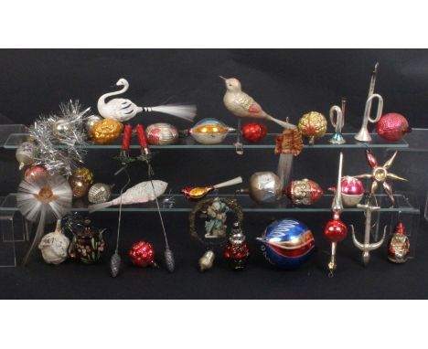 A collection of glass and other vintage Christmas tree ornaments including an anchor, fish, bird, bugle, a swan, figural exam