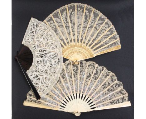 Fans and other items comprising three lace fans two with ivory sticks,  one tortoiseshell, largest, 28.5cm, four paper fans, 