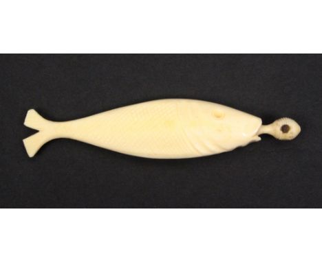 A bone needle case in the form of a fish the ball finial with Stanhope (six views - Memory of Hastings), 10.5cm