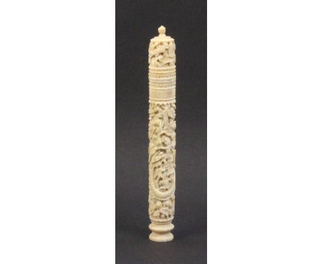 A 19th Century Chinese ivory netting case of tapering cylinder form carved with dragon, butterflies and flowers, complete wit