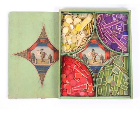 A set of bone playing card counters in four colours contained in original sliding lid box titled 'Jeu Du Nain Jaune, Coyen Pa