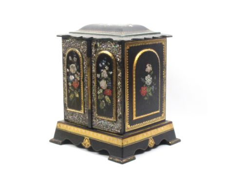 A mid-Victorian papier mache, painted and inlaid sewing and jewellery cabinet, circa 1840, the hinged lid with floral painted