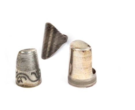 Three 19th Century silver finger guards comprising a plain example with engine turned frieze, another with engraved frieze, a