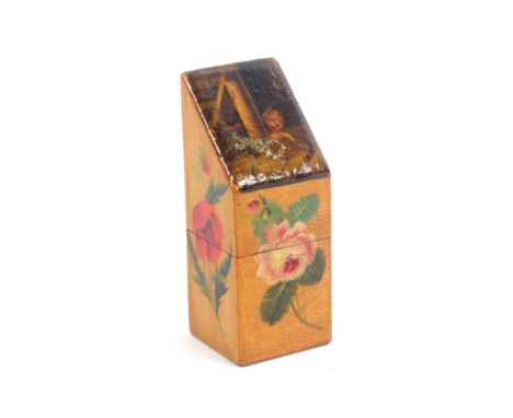 A Spa work slant top needle packet box each side brightly painted with a variant flower, the lid painted with a dog and cat c
