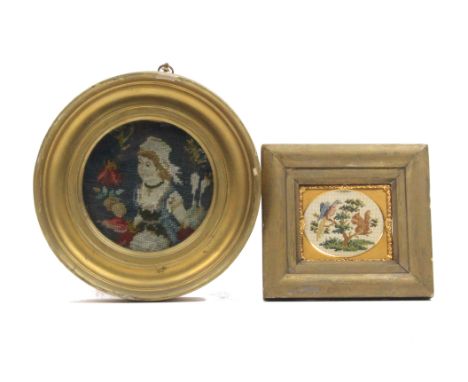 Five small framed needleworks comprising a petit point panel of a bird and squirrel in a tree, 7cm oval, a circular woolwork 