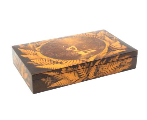 A large fern ware rectangular sewing box (photographic - Linneghluthin Inveraray R.B.), interior with two rows of fitted grad