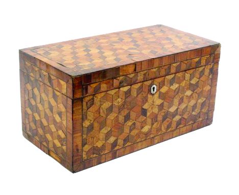 A large Tunbridge ware rectangular tea caddy, the lid, front and sides in cube work within line and crossbanded borders, moth