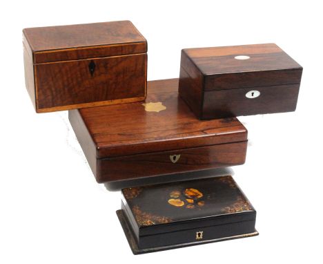 Four 19th Century boxes comprising two in rosewood, 19.5 and 27.5cm, a papier mache example, 20cm and a tea caddy, 21cm  (4)