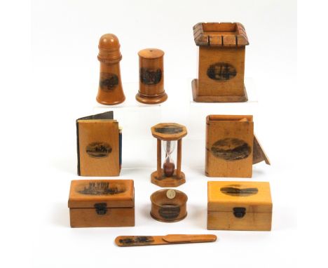 Mauchline ware - ten pieces comprising a turret form money box, worn and damaged (Grimsby Docks), 10cm, a book form box (Inve