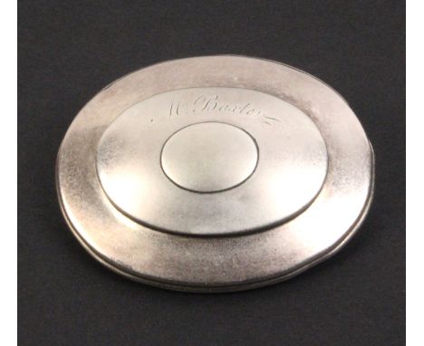 A silver oval pocket snuff box, the hinged lid engraved 'M. Baxter' over a vacant oval centre panel repeated on the reverse, 