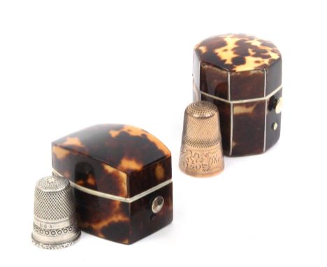 Two tortoiseshell thimble cases each with a thimble comprising an octagonal example the gilt metal thimble with floral engrav
