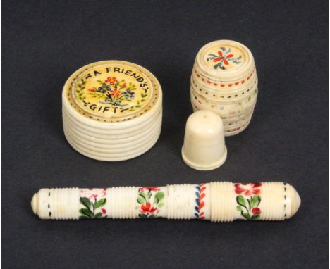 A painted bone needle case, a similar barrel form thimble case with thimble and a circular box, all brightly painted with flo