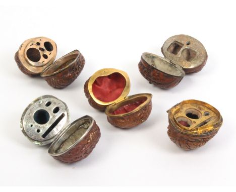 Five miniature walnut sewing and other compendiums, all lacking tools and some lacking parts or with damage, three with infil