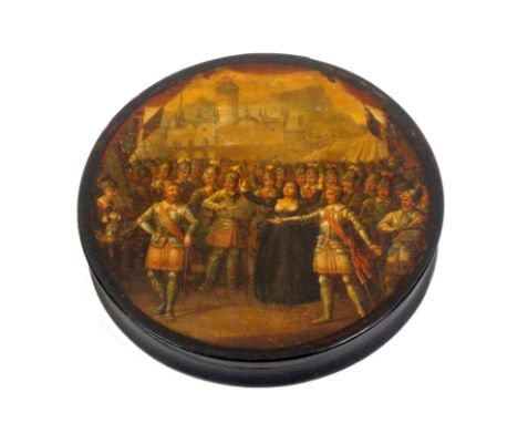 A Stobwasser circular papier mache snuff box,  the lid with a scene of a woman dressed in black surrounded by soldiers, inter