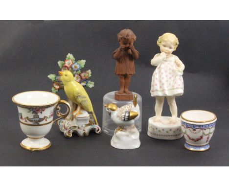 A small group of ceramics comprising a Royal Worcester figure 'Only Me Modelled By F.G. Doughty' 14.5cm, two bird figures wit
