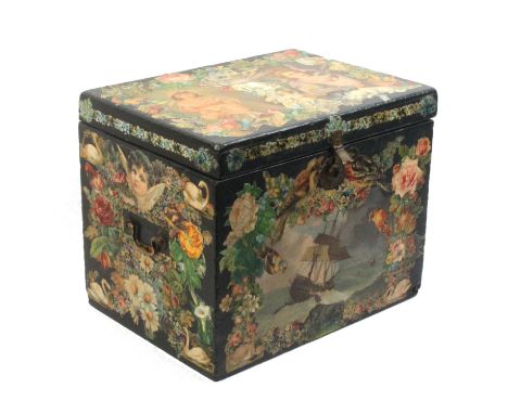 Children's and dolls trunks etc comprising a scrap decorated wooden trunk with brass lock, 35.5cm, another with leather bound