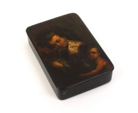A Stobwasser rectangular papier mache snuff box, the lid painted with a scene titled to interior of lid 'Bacchus ++++ Guido R